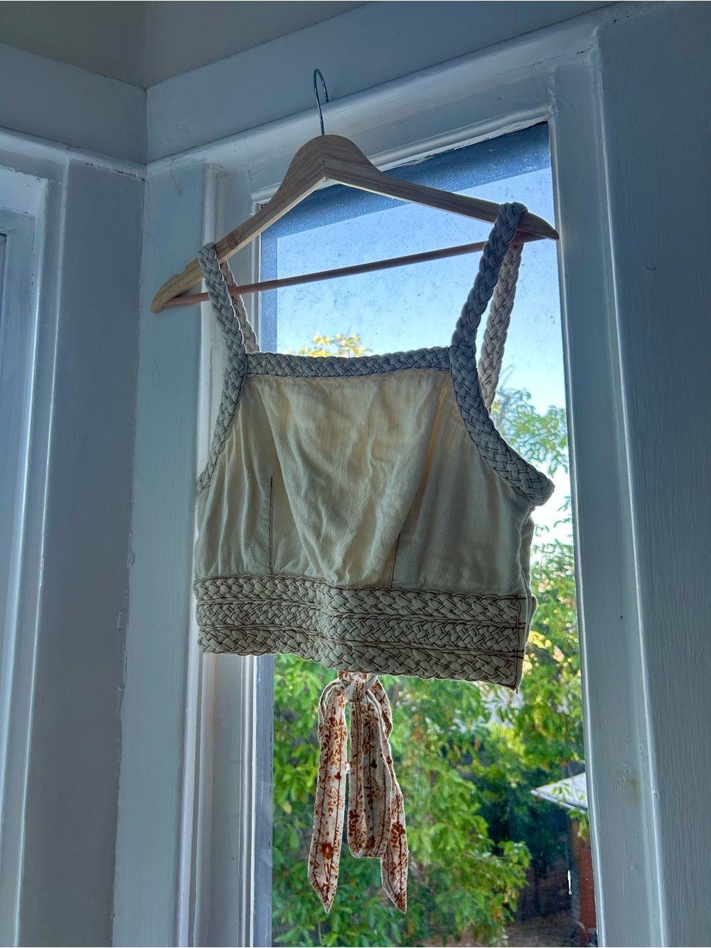 Woven-Trim Cream Crop Tank Top FREE PEOPLE